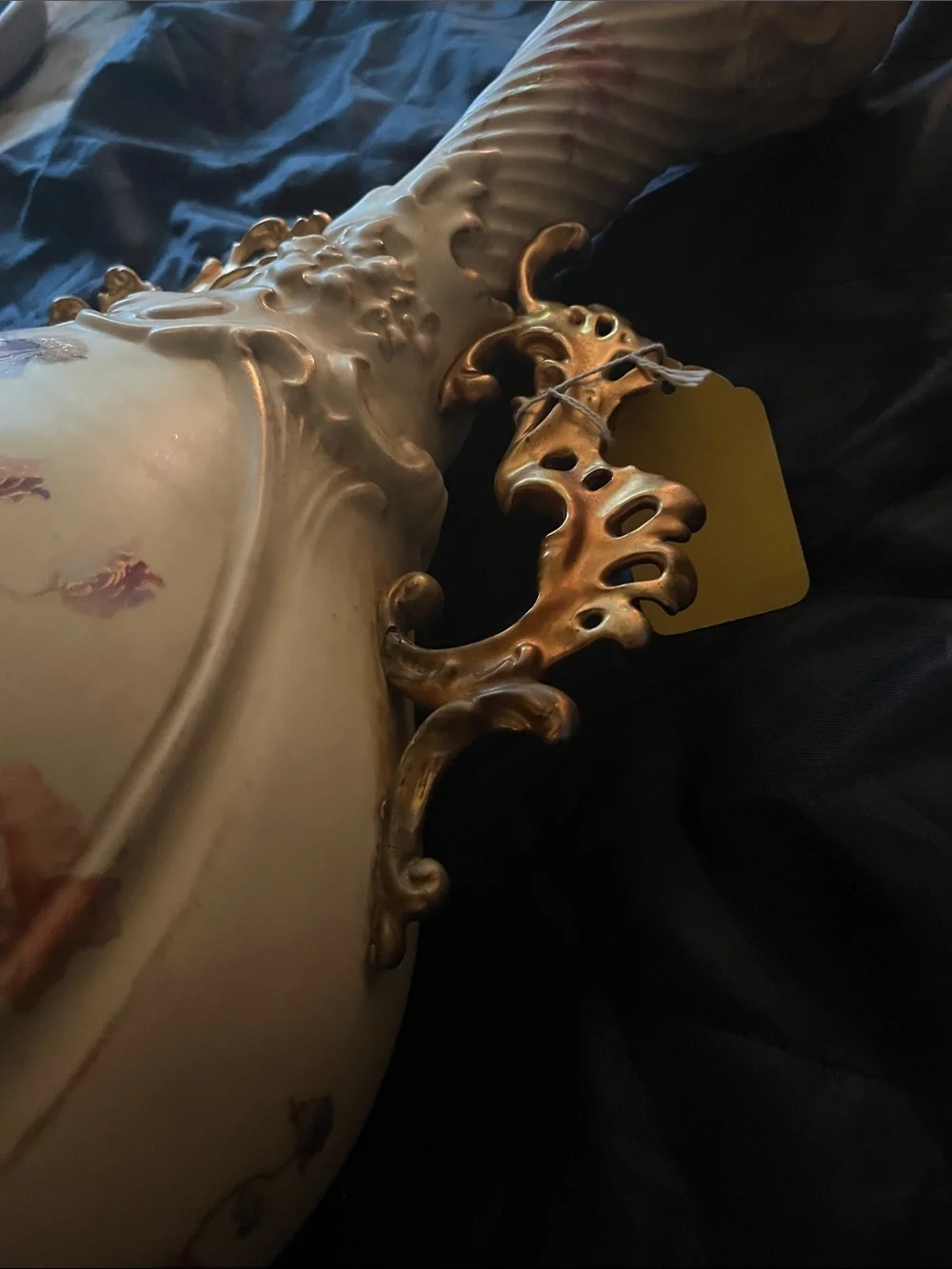 Cream Porcelain Floral Accent Vase with Gold Handles 20 1/2 inch